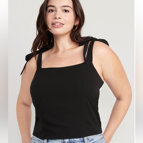 NWT! Black Fitted Tie-Shoulder Cropped Dobby Corset Cami Top 🤎 - Picture 1 of 7